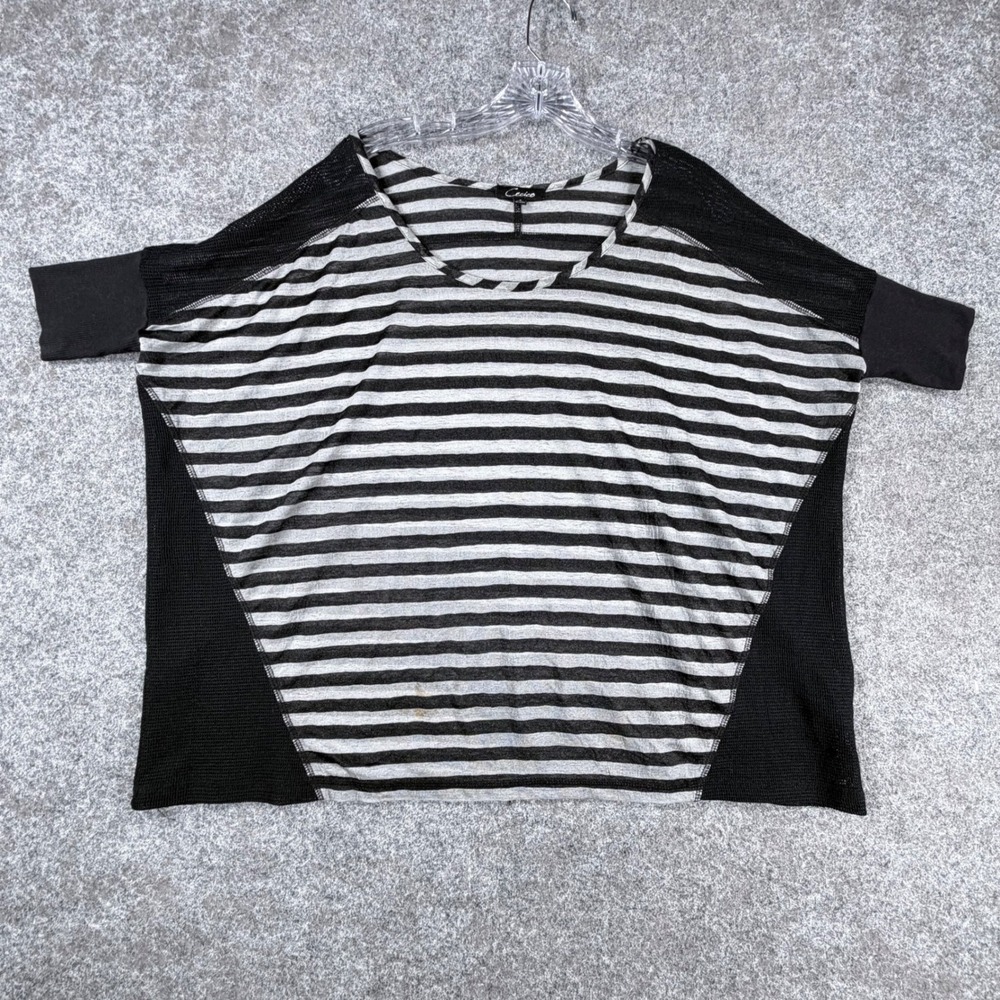 Cecico Womens Size S Black Grey Striped Mesh Panel Short Sleeve Top Shirt Boho